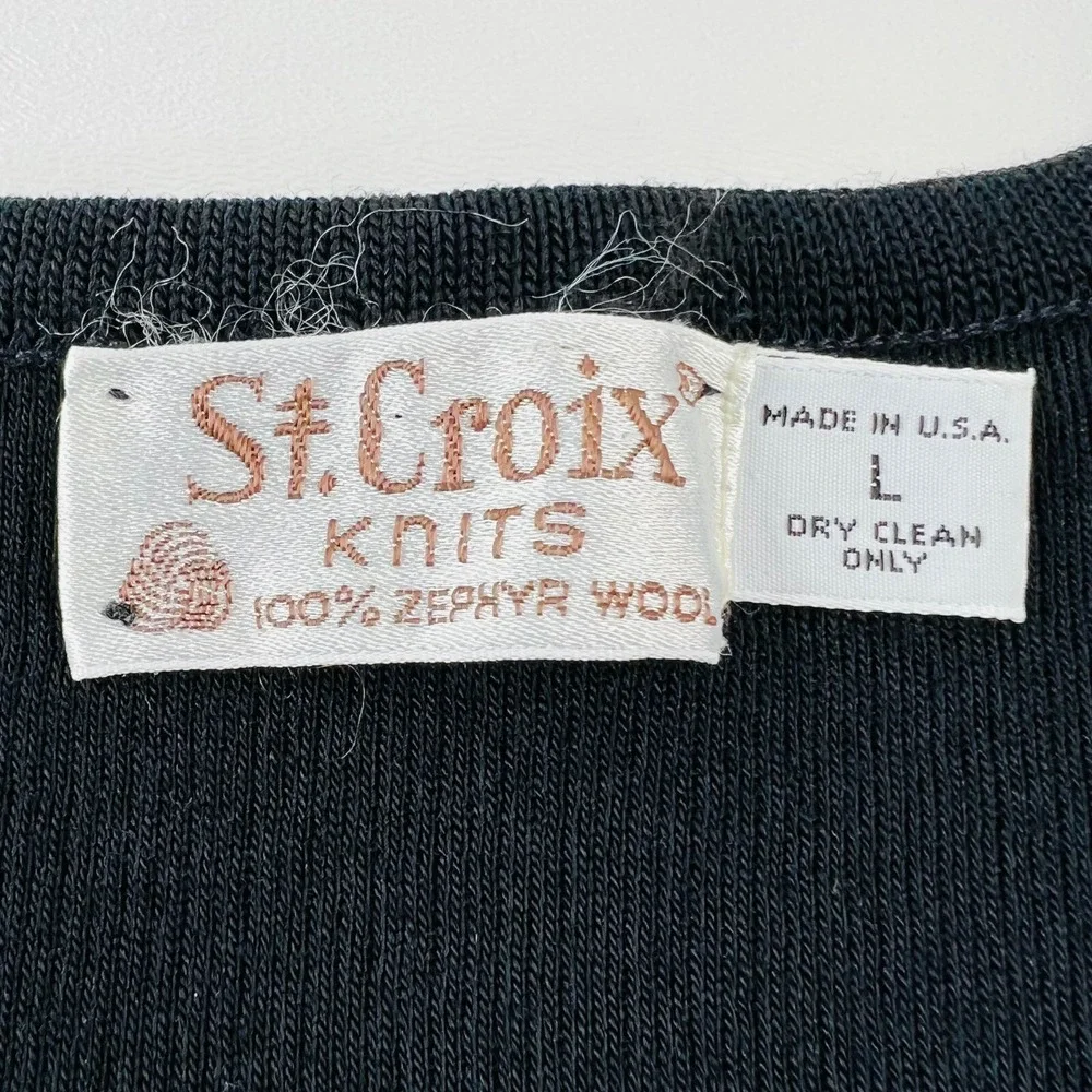 VTG St. Croix Black Knit Zephyr Wool V-Neck Sweater Made in US Mens Size Large L